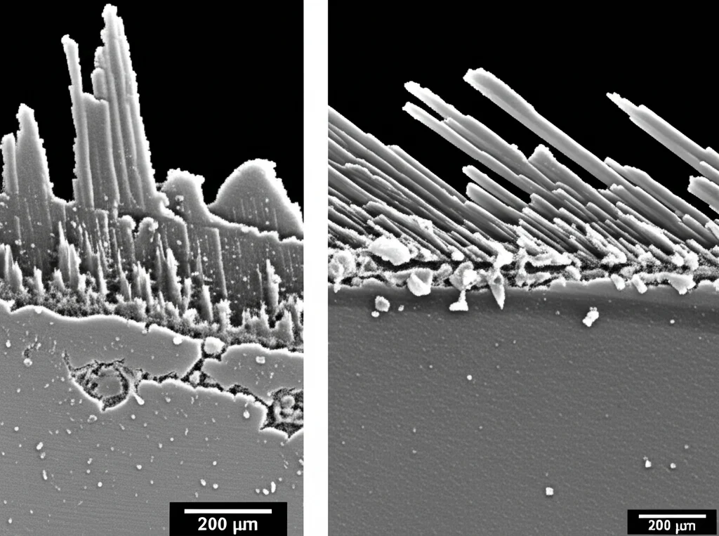 Macro fotografia, obiettivo 60mm, di una microstruttura metallica ottenuta tramite laser cladding. Si notano dendriti colonnari che crescono dal basso (substrato) verso l'alto, con una transizione verso grani equiassici nello strato superiore. Illuminazione controllata, alta definizione per evidenziare le diverse morfologie dei grani e la zona di transizione.