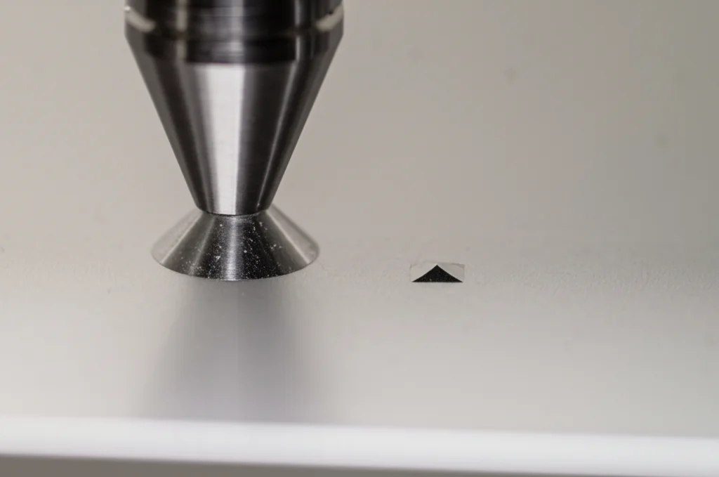 Primo piano di un test di microdurezza Vickers su una superficie metallica lucidata. Si vede l'indentatore a piramide di diamante che preme sul campione e l'impronta risultante. Luce focalizzata sull'impronta, obiettivo macro 100mm, alta precisione per misurare le dimensioni dell'indentazione.