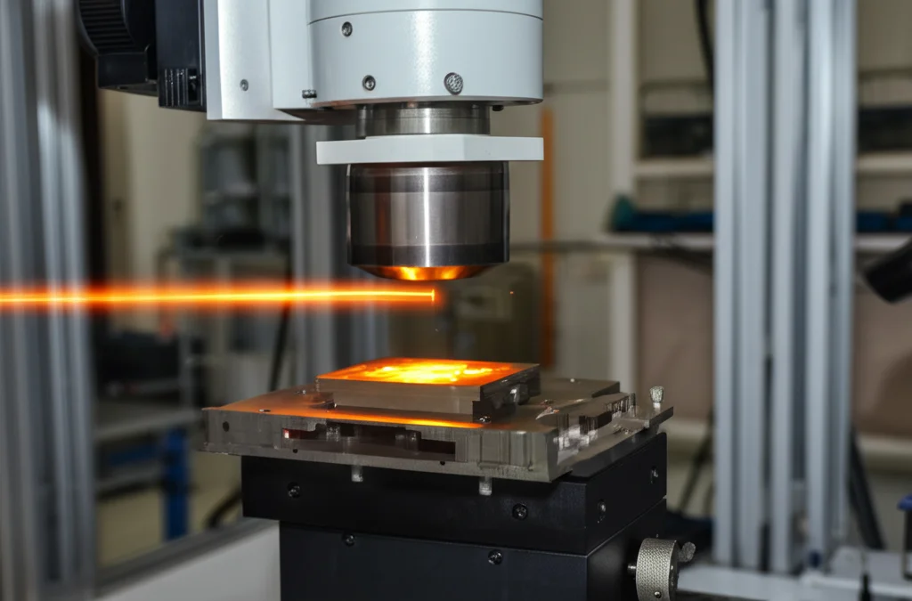 Fotografia di un diffrattometro a raggi X (XRD) durante la misurazione delle tensioni residue su un campione metallico rivestito con laser cladding. Si vede il fascio di raggi X che colpisce il campione montato su un goniometro. Ambiente di laboratorio, illuminazione tecnica, messa a fuoco sul punto di misura.