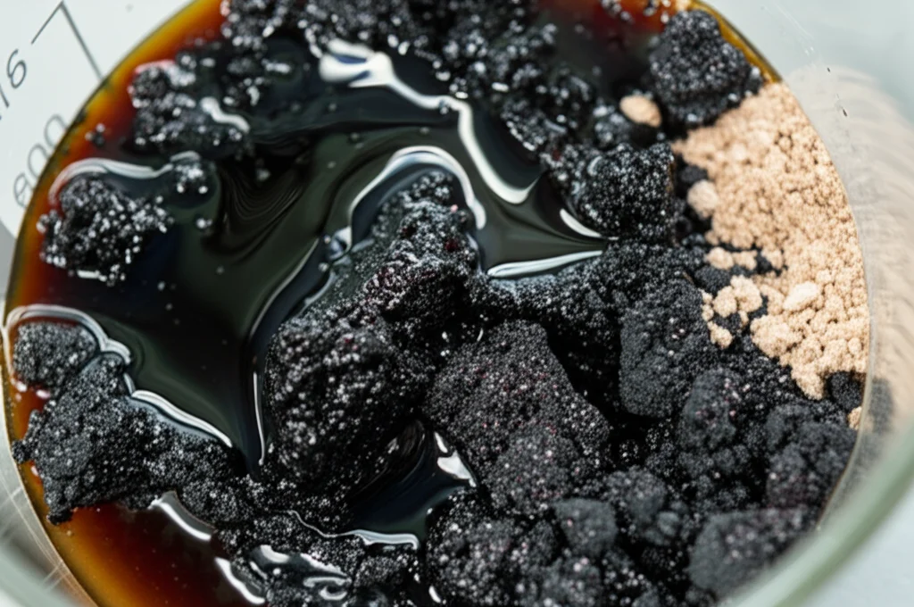 Macro Lens Shot, 80 mm, che mostra il legante di asfalto scuro che viene accuratamente miscelato in un becher da laboratorio con particelle di gomma briciole visibili e una polvere di argilla fine, dettagli elevati, messa a fuoco precisa, illuminazione di laboratorio controllata.