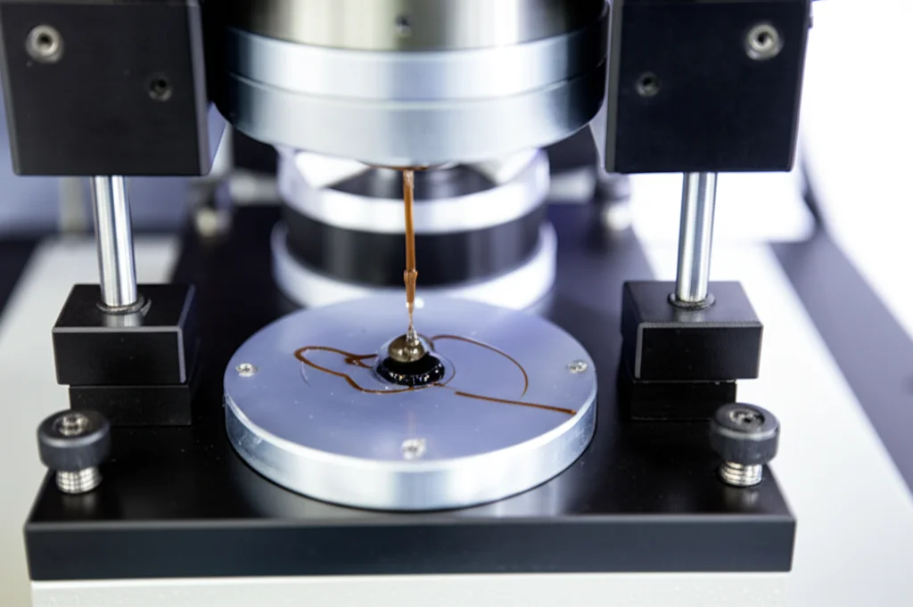 Vista ravvicinata di una macchina dinamica del reometro a taglio (DSR) che testa un piccolo campione di legante asfalto scuro posizionato tra due piastre parallele in un ambiente di laboratorio, focalizzazione precisa, illuminazione controllata.
