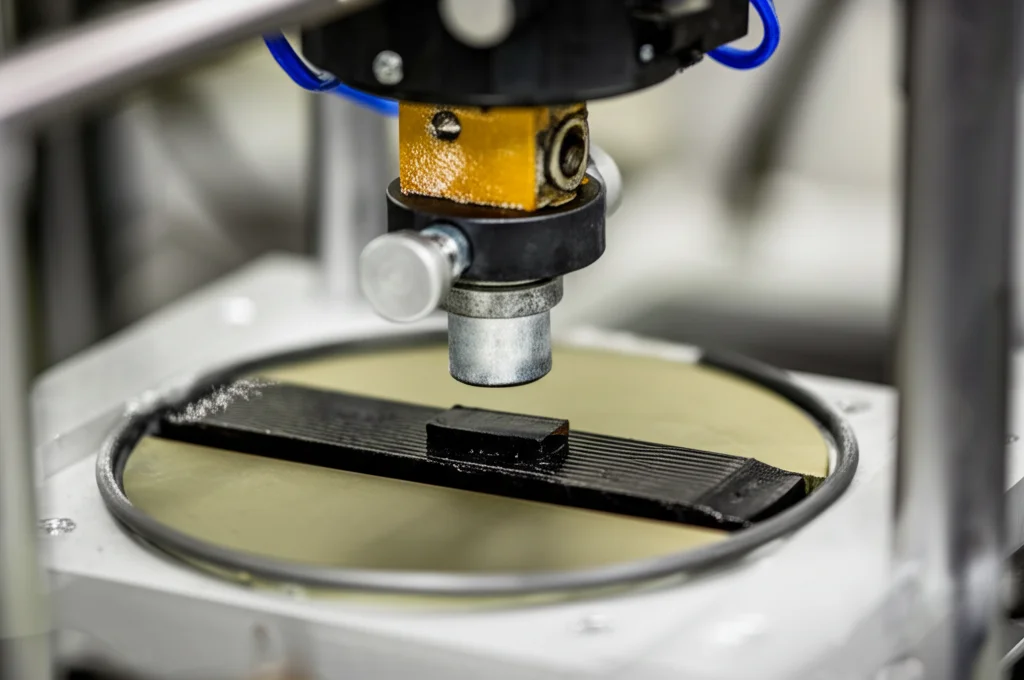 Configurazione di laboratorio che mostra un reometro a fascio di flessione (BBR) che testa un piccolo raggio di legante asfalto rettangolare a bassa temperatura, con effetti di gelo visibili sull'attrezzatura, focus acuto, lenti macro da 60 mm.