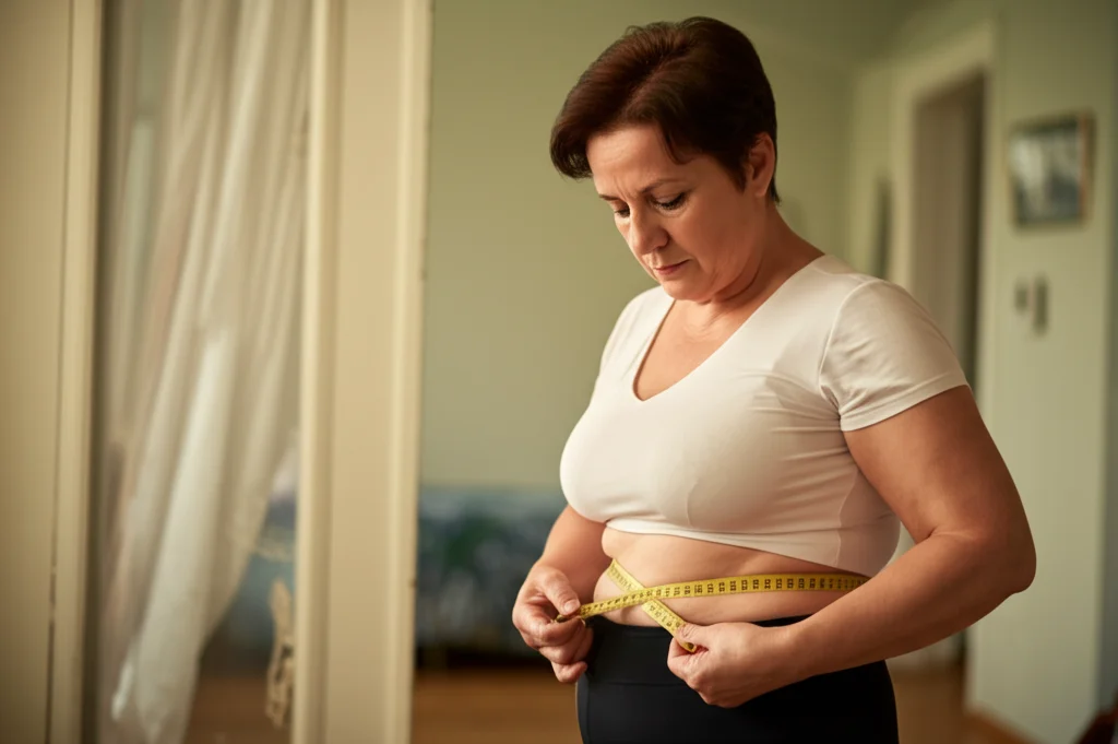 Ritratto di una donna di circa 50 anni, sana e attiva, che misura il suo girovita con un metro da sarta in un ambiente luminoso e domestico, 35mm portrait, profondità di campo, luce naturale.