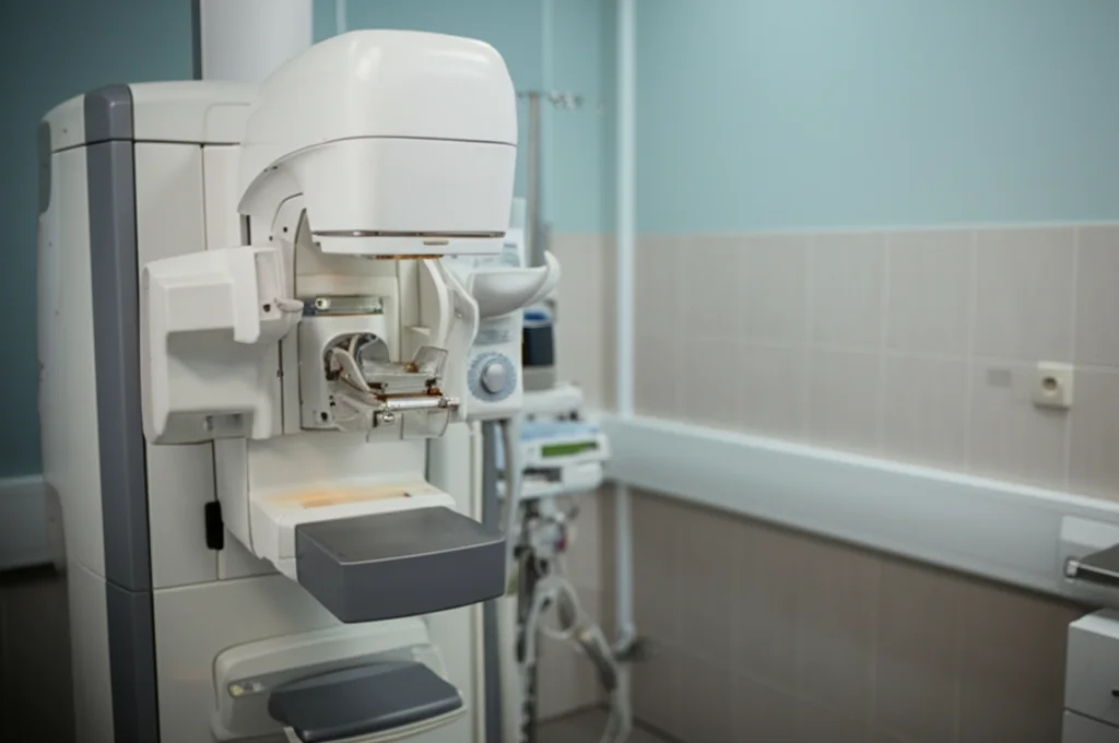 Fotografia di un mammografo in una stanza d'ospedale moderna e pulita, luce ambientale morbida, focus nitido sulla tecnologia medica, grandangolo 24mm, atmosfera calma e rassicurante.
