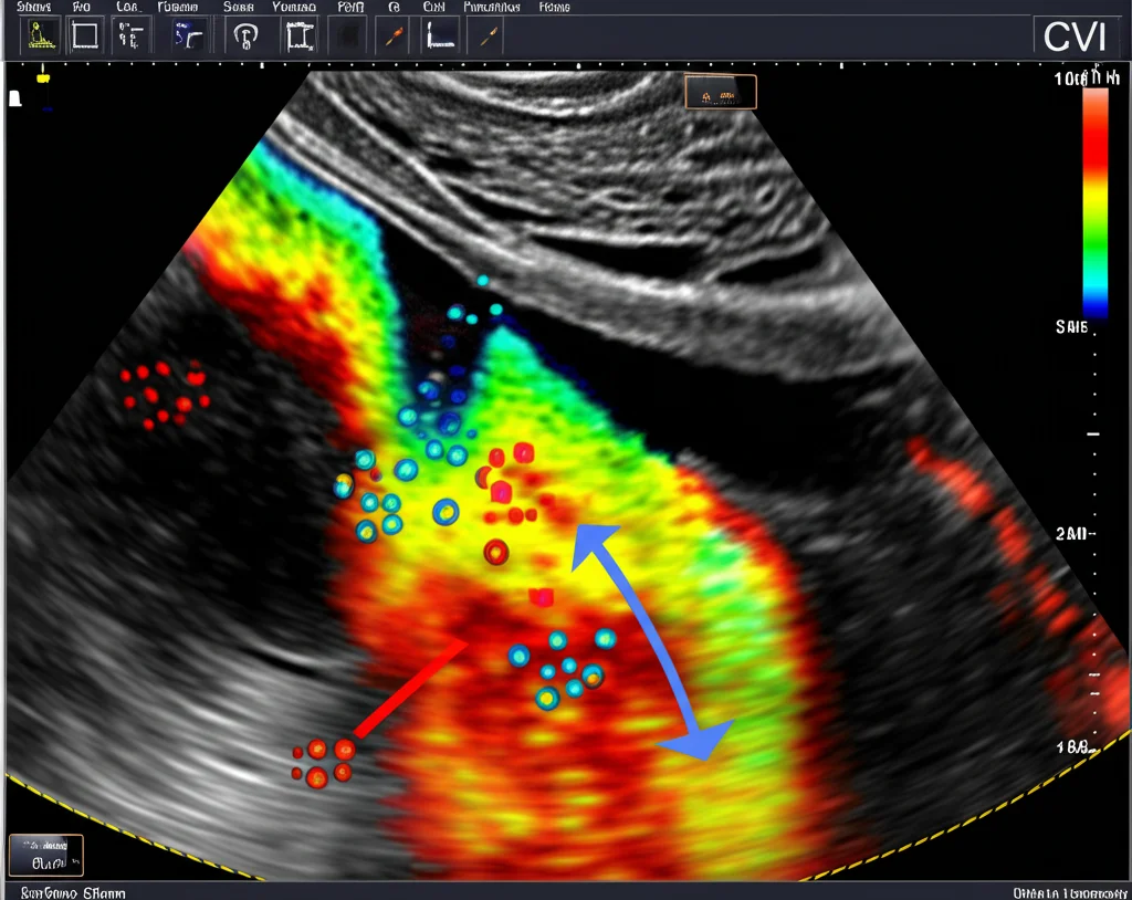 Schermata del software CVI che analizza un'immagine HFR CEUS di un linfonodo, con frecce colorate che indicano la direzione e la velocità del flusso delle microbolle, pattern di enhancement centripeto visualizzato, alta tecnologia medica, interfaccia utente chiara, obiettivo 35mm.