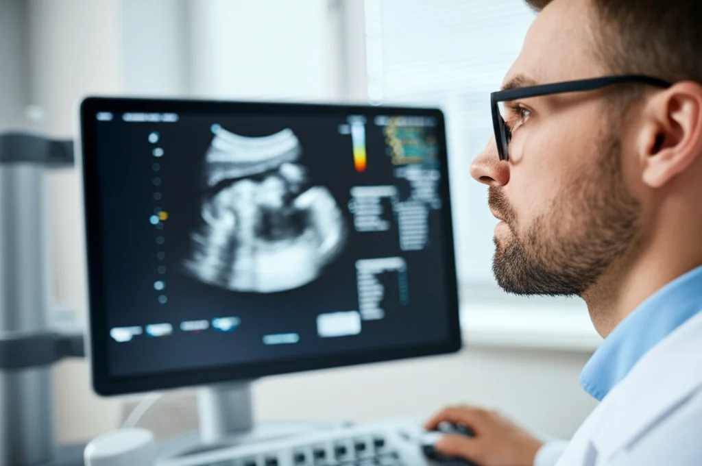 Medico radiologo che analizza immagini ecografiche avanzate (HFR CEUS e CVI) su un monitor ad alta risoluzione, ambiente clinico moderno, espressione concentrata, profondità di campo, obiettivo 50mm, illuminazione soffusa.