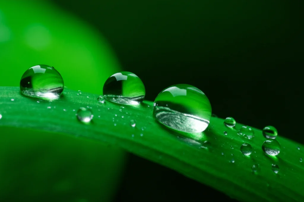 Fotografia macro di gocce d'acqua cristallina su una foglia verde brillante, obiettivo macro 90mm, alta definizione, illuminazione laterale controllata per enfatizzare la texture e la purezza, simboleggiando la connessione tra acqua, ambiente e salute.