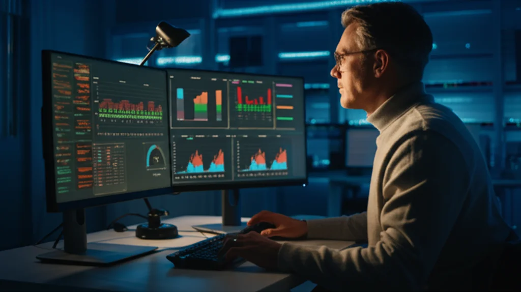 Fotografia di un ricercatore che analizza grafici complessi su più monitor in un laboratorio scarsamente illuminato, luce bluastra emessa dagli schermi, stile high-tech, che rappresenta l'analisi dei dati con machine learning e valori SHAP.