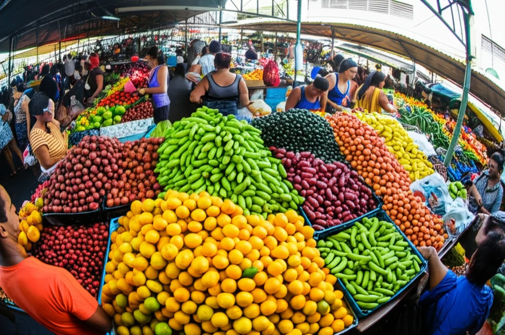 Fotografia grandangolare di un vivace mercato alimentare all'aperto in Brasile, persone diverse che scelgono frutta e verdura colorate, luce solare intensa, obiettivo 24mm, a simboleggiare l'importanza dell'EHL legata al cibo e alla comunità.