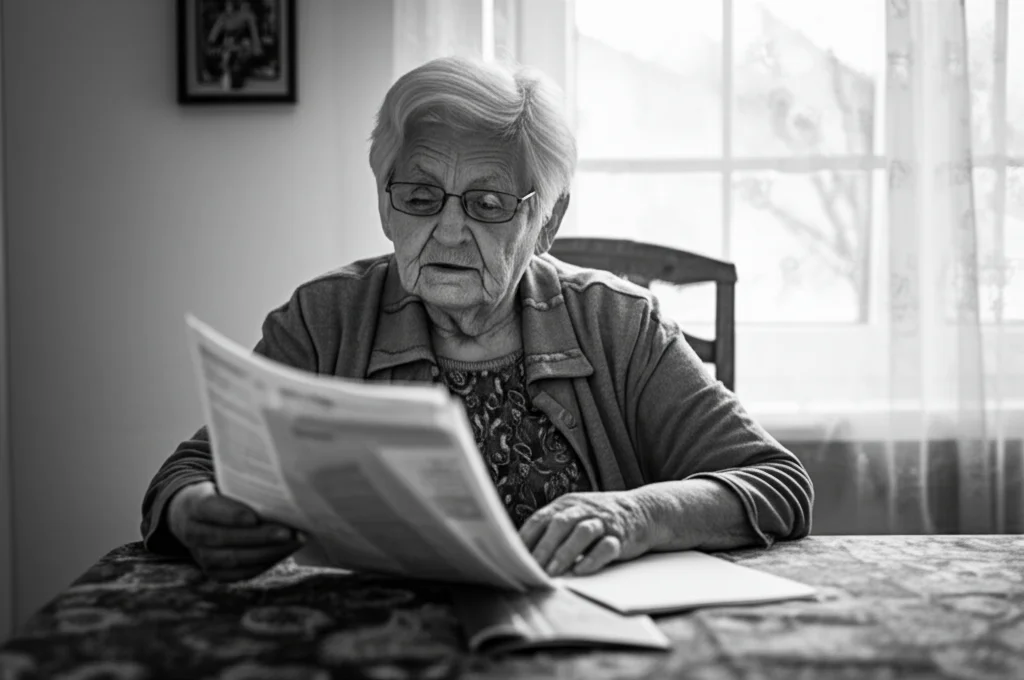 Una persona anziana seduta a un tavolo in un ambiente domestico sereno, intenta a leggere attentamente un documento, forse le proprie direttive anticipate. Luce naturale dalla finestra illumina la scena. Fotografia ritratto, obiettivo 35mm, profondità di campo, bianco e nero film.