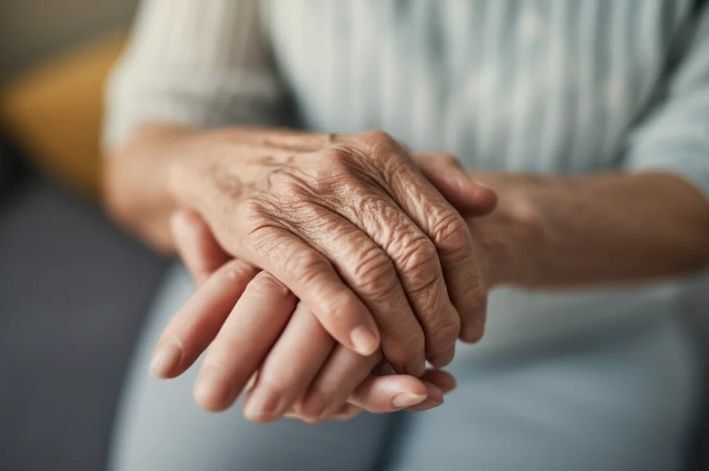 Due mani, una più anziana e rugosa, l'altra più giovane, che si stringono con delicatezza e supporto. Simbolo di cura, assistenza e decisioni condivise sul fine vita. Fotografia still life, obiettivo macro 100mm, alta definizione, illuminazione controllata e calda.