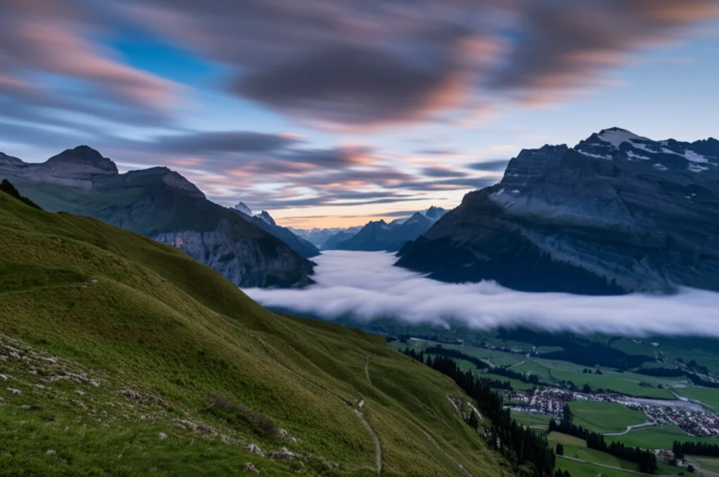 Paesaggio montano svizzero al tramonto, vasto e sereno, che ispira riflessione sulla vita e sulla sua conclusione. Fotografia paesaggistica, obiettivo grandangolare 15mm, lunga esposizione per nuvole soffici, messa a fuoco nitida sulle montagne.