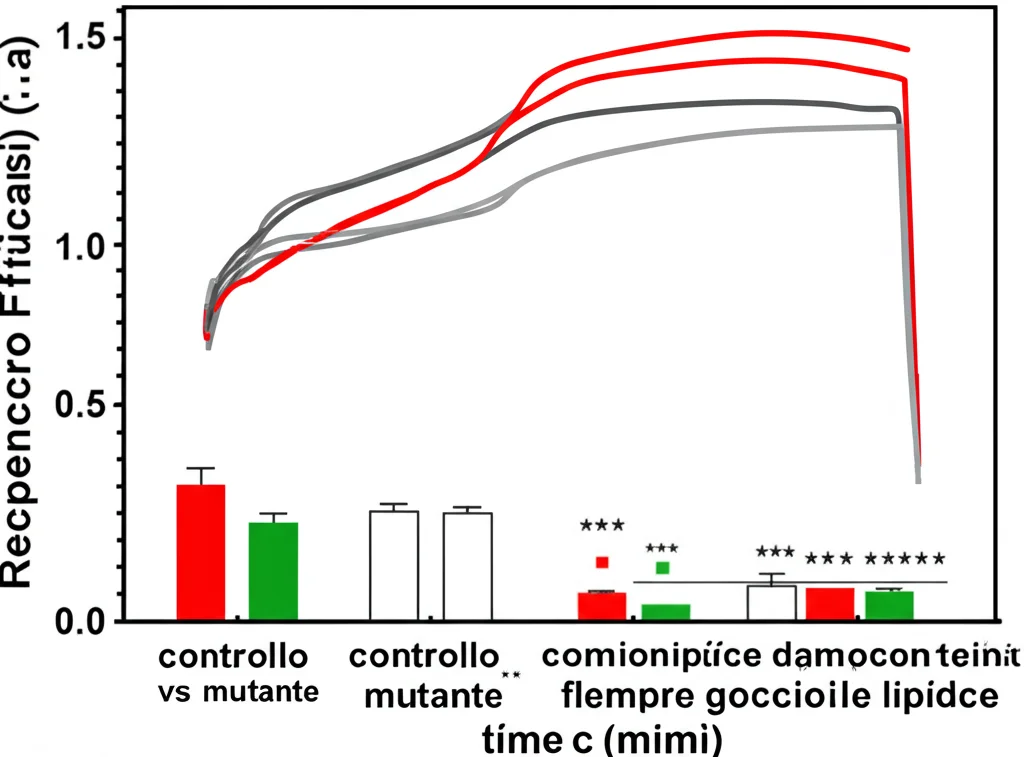 Grafico scientifico che mostra i risultati di un esperimento FRAP, con curve di recupero della fluorescenza nel tempo per diverse condizioni sperimentali (es. controllo vs mutante), evidenziando differenze nella fluidità di membrana delle goccioline lipidiche.
