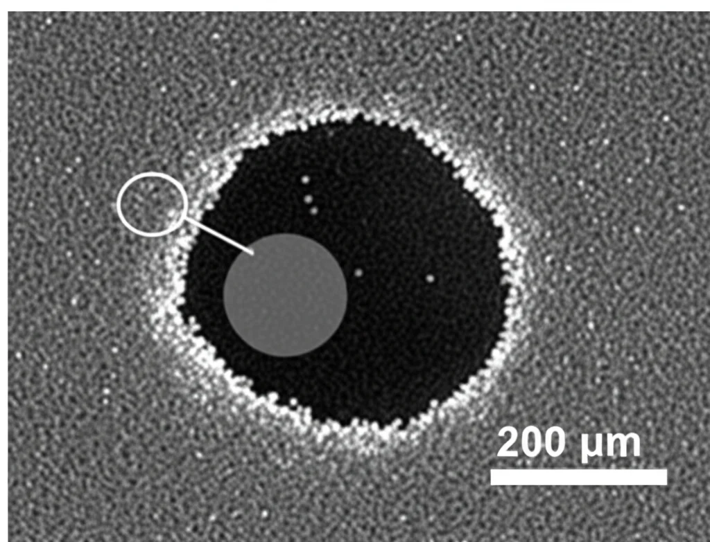 Microscopia elettronica a trasmissione (TEM) che mostra particelle d'oro (immunogold) localizzate specificamente sulla membrana monostrato di una gocciolina lipidica purificata, indicando la presenza di una proteina specifica (es. MBOA-6::GFP). Alta magnificazione, dettaglio preciso.