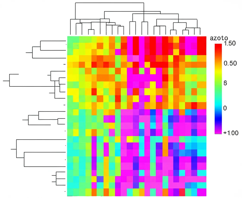 Visualizzazione astratta di dati di trascrittomica: un heatmap colorato che mostra differenze nell'espressione genica tra campioni di controllo e trattati con azoto, rappresentando la complessità della risposta molecolare.