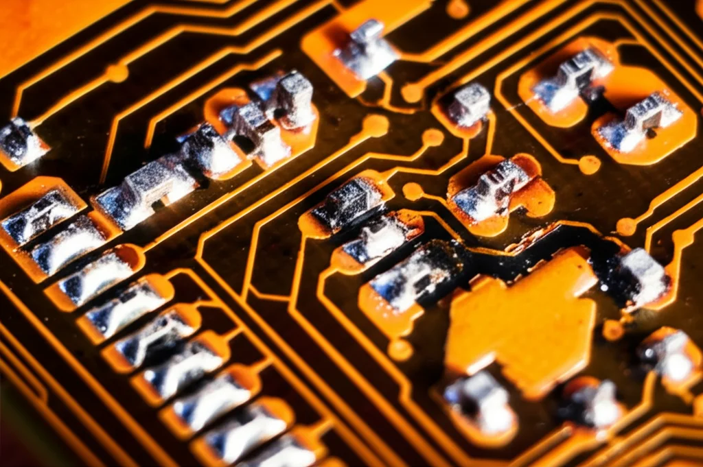 Primo piano macro di un circuito elettronico sottoposto a stress termico, con zone leggermente annerite, illuminazione controllata per evidenziare i dettagli del degrado, obiettivo macro 90mm, alta definizione.