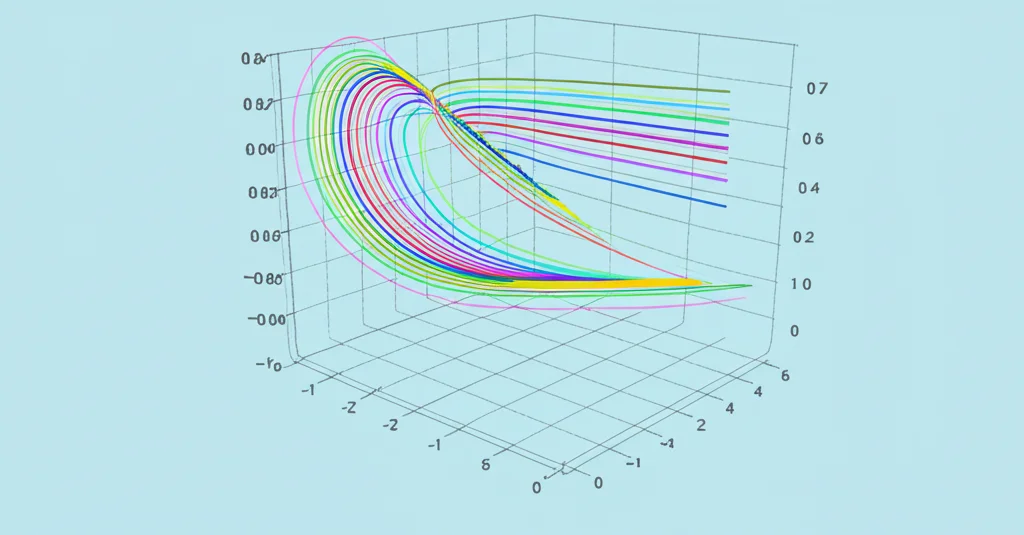 Visualizzazione astratta di un processo di ottimizzazione multi-obiettivo, con diverse curve colorate che convergono verso una regione ottimale di compromesso (fronte di Pareto) su un grafico 3D, stile wireframe digitale.