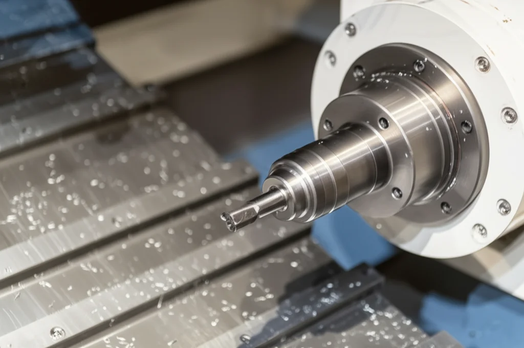 Fotografia di un mandrino motorizzato industriale in funzione all'interno di una macchina CNC, trucioli metallici visibili, illuminazione industriale focalizzata sul pezzo, obiettivo zoom 100-400mm per catturare il dettaglio a distanza di sicurezza, tracciamento del movimento.