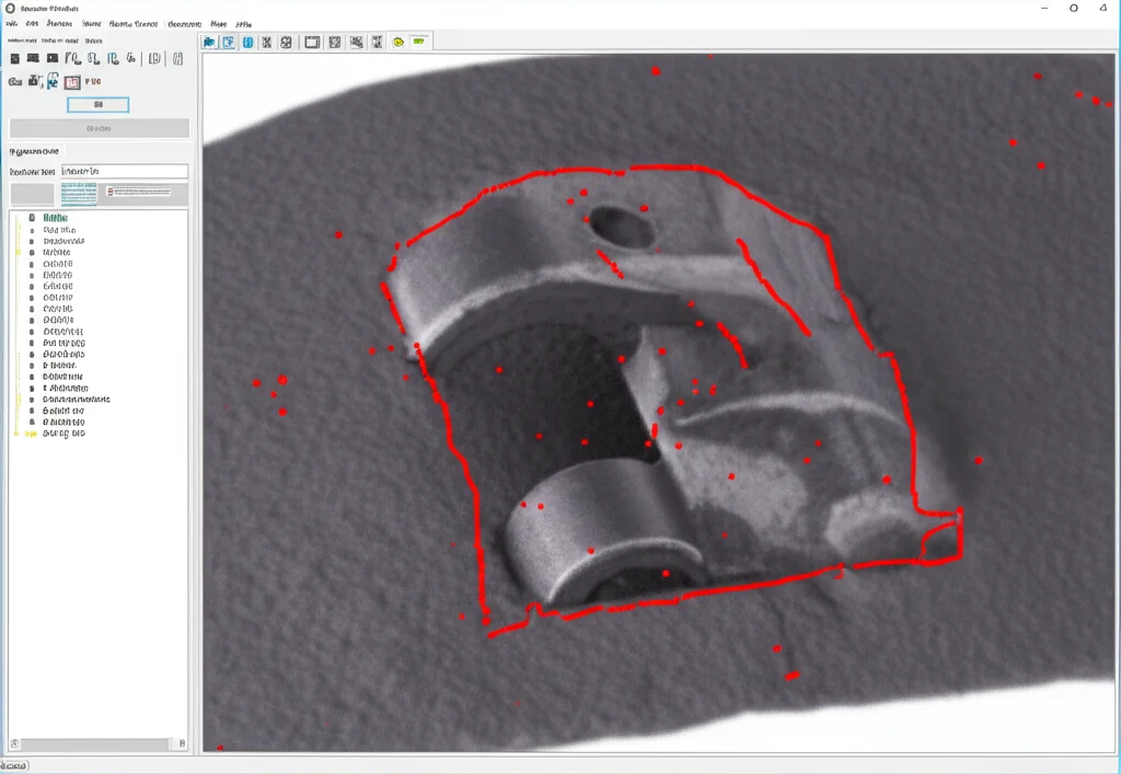 Schermata di un software che mostra l'algoritmo GrabCut al lavoro su un'immagine layerwise di PBF-LB/M. Si vede il contorno preciso di una parte metallica segmentato dalla polvere circostante. Interfaccia grafica pulita, colori contrastanti per evidenziare la segmentazione. Focus sull'immagine processata.