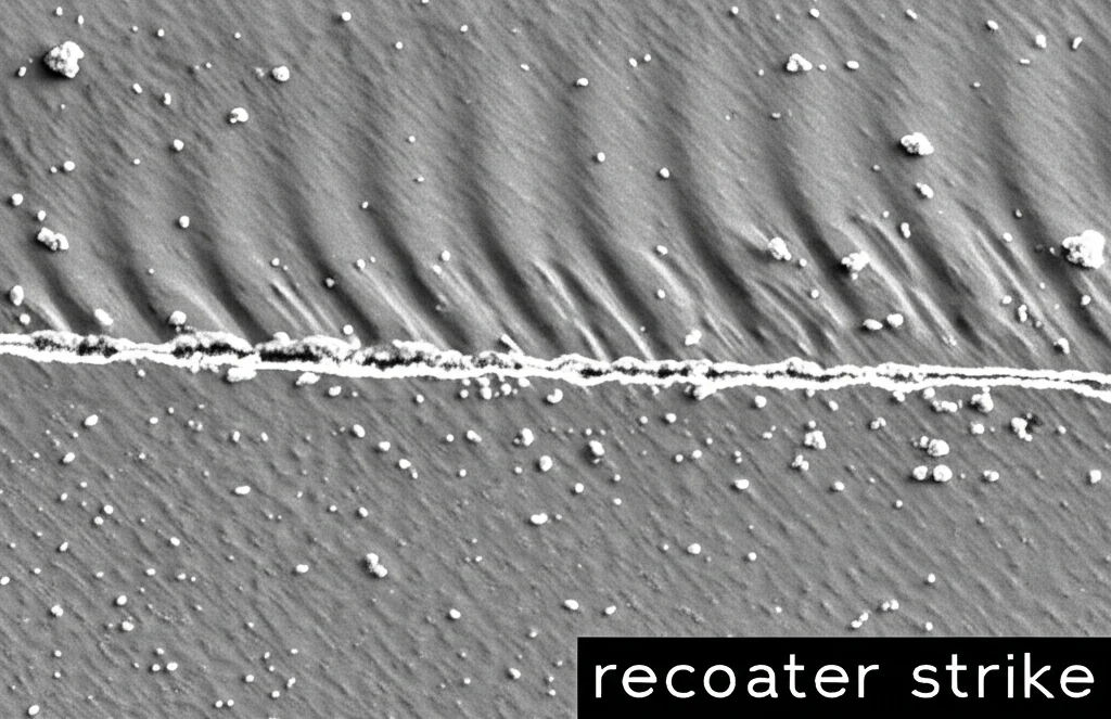 Immagine ravvicinata di un difetto 'recoater strike' su un letto di polvere metallica catturata da una camera ad alta risoluzione. La linea del difetto è chiaramente visibile grazie all'illuminazione darkfield. Obiettivo macro 60mm, alta definizione, illuminazione laterale drammatica per massimizzare il contrasto del difetto.