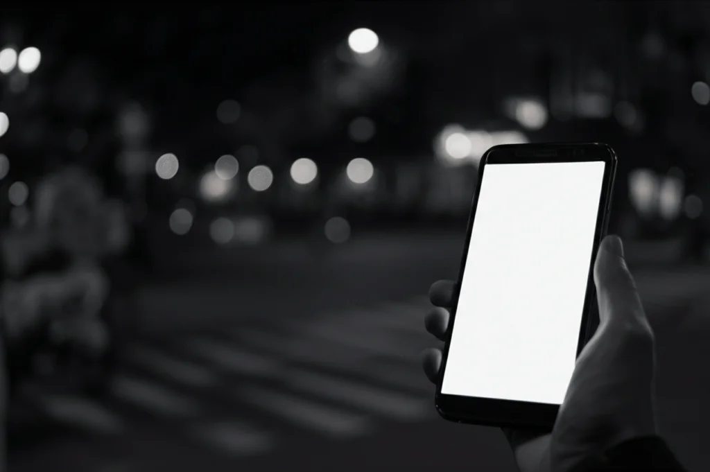 Primo piano di una mano che tiene uno smartphone con lo schermo luminoso in un ambiente urbano notturno, leggermente sfocato sullo sfondo per creare profondità di campo. Obiettivo prime 35mm, stile film noir, bianco e nero.