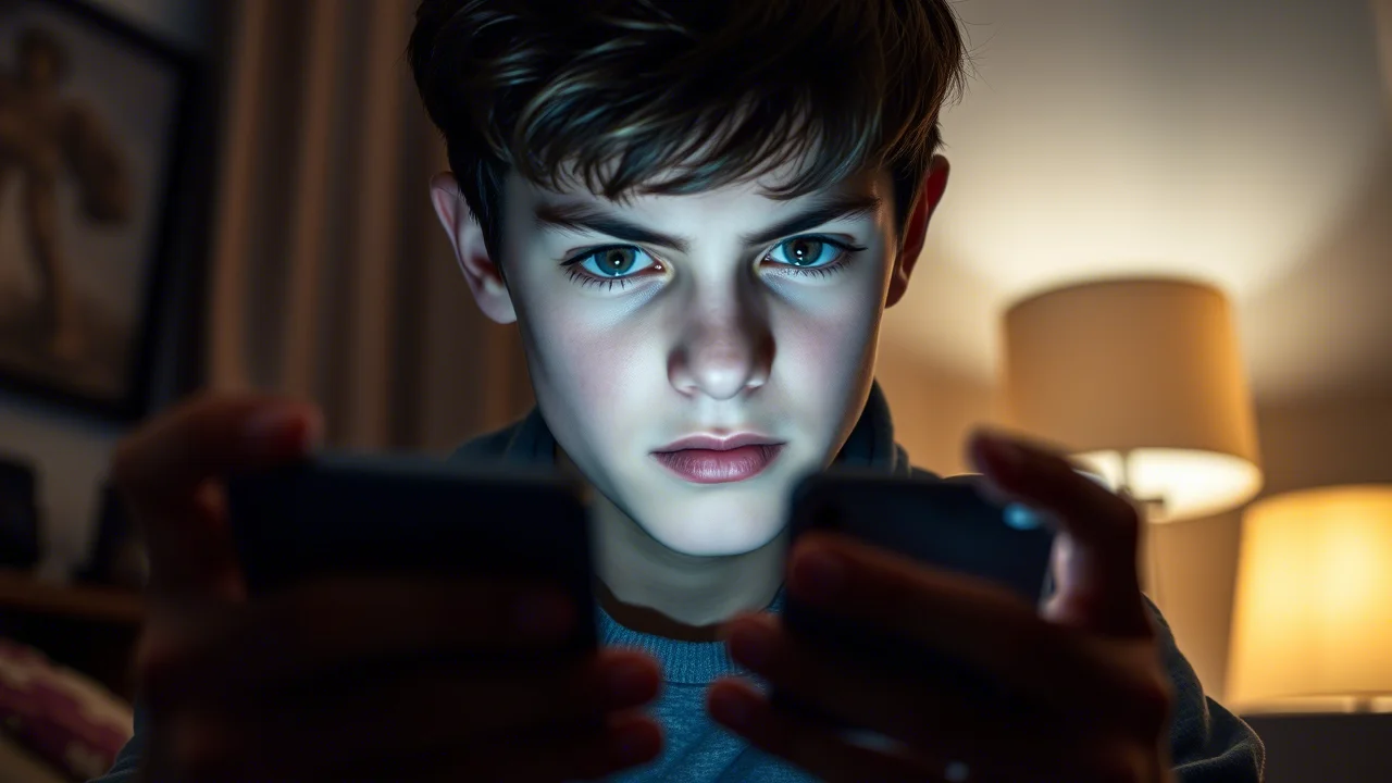 Un giovane adulto con espressione concentrata e tesa, illuminato dalla luce dello smartphone che tiene in mano, intento a giocare a un videogioco mobile in una stanza poco illuminata. Macro lens 85mm, high detail, precise focusing.