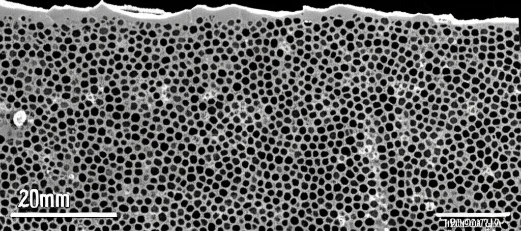 Immagine fotorealistica di una sezione trasversale di roccia porosa (shale) scansionata digitalmente con nano-CT, evidenziando la complessa rete di pori (neri) e grani (bianchi), illuminazione controllata, lente macro 90mm, alta definizione.