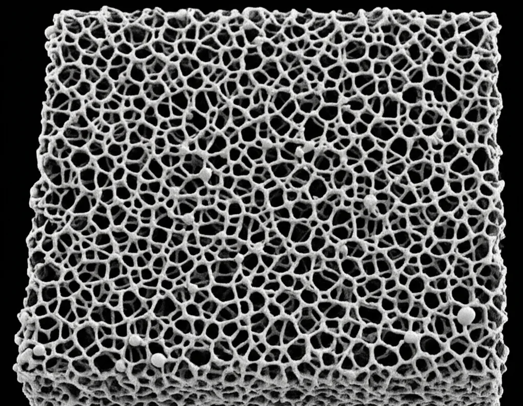 Visualizzazione 3D fotorealistica di un modello di roccia digitale generato da STGAN, che mostra la complessa rete interconnessa di pori e grani, resa con illuminazione da studio per enfatizzare la struttura tridimensionale, alta definizione, stile scientifico.