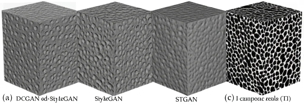 Grafico comparativo fotorealistico 3D che mostra affiancate le ricostruzioni di rocce digitali ottenute con DCGAN, StyleGAN, STGAN e il campione reale (TI), evidenziando le differenze nella fedeltà strutturale dei pori e delle fratture, alta definizione, presentazione scientifica.