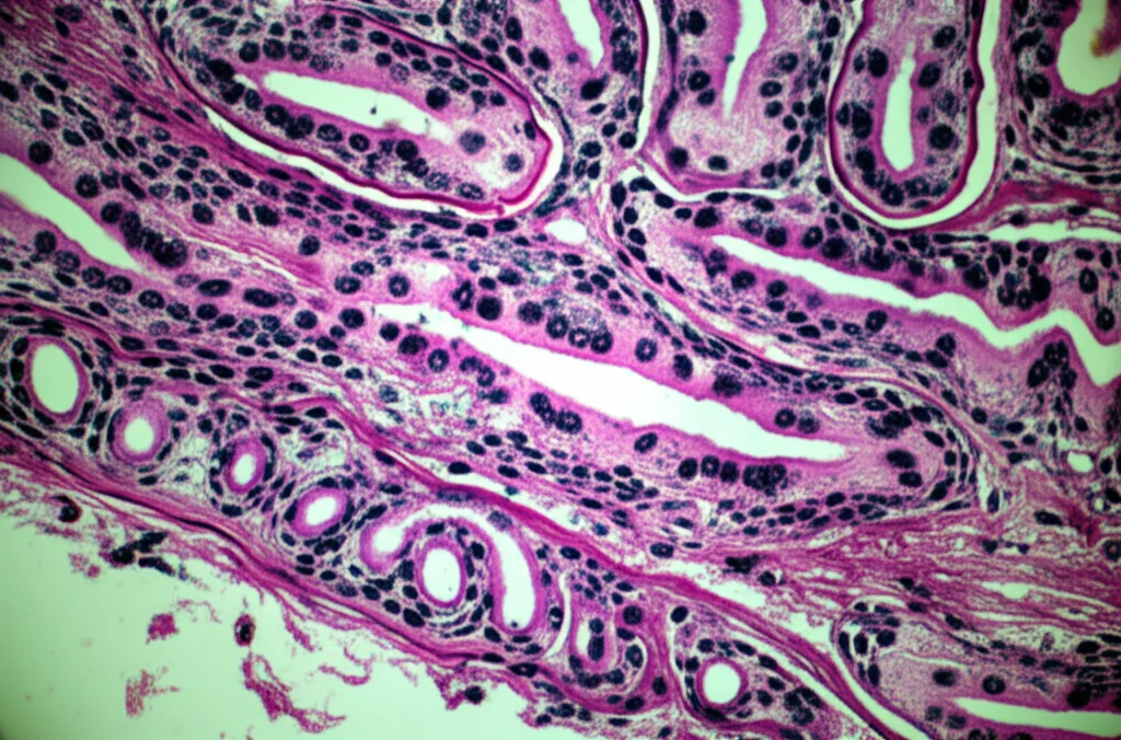 Macro fotografia di cellule intestinali umane che mostrano giunzioni strette danneggiate, con dettagli elevati e illuminazione controllata, obiettivo macro 100mm, focus preciso su piccole aperture tra le cellule.