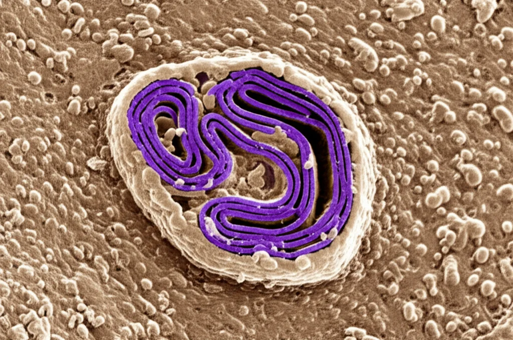 Microscopia elettronica di un mitocondrio all'interno di una cellula enterocita, mostrando segni di danno strutturale, dettagli elevati, illuminazione scientifica controllata, obiettivo macro 90mm.