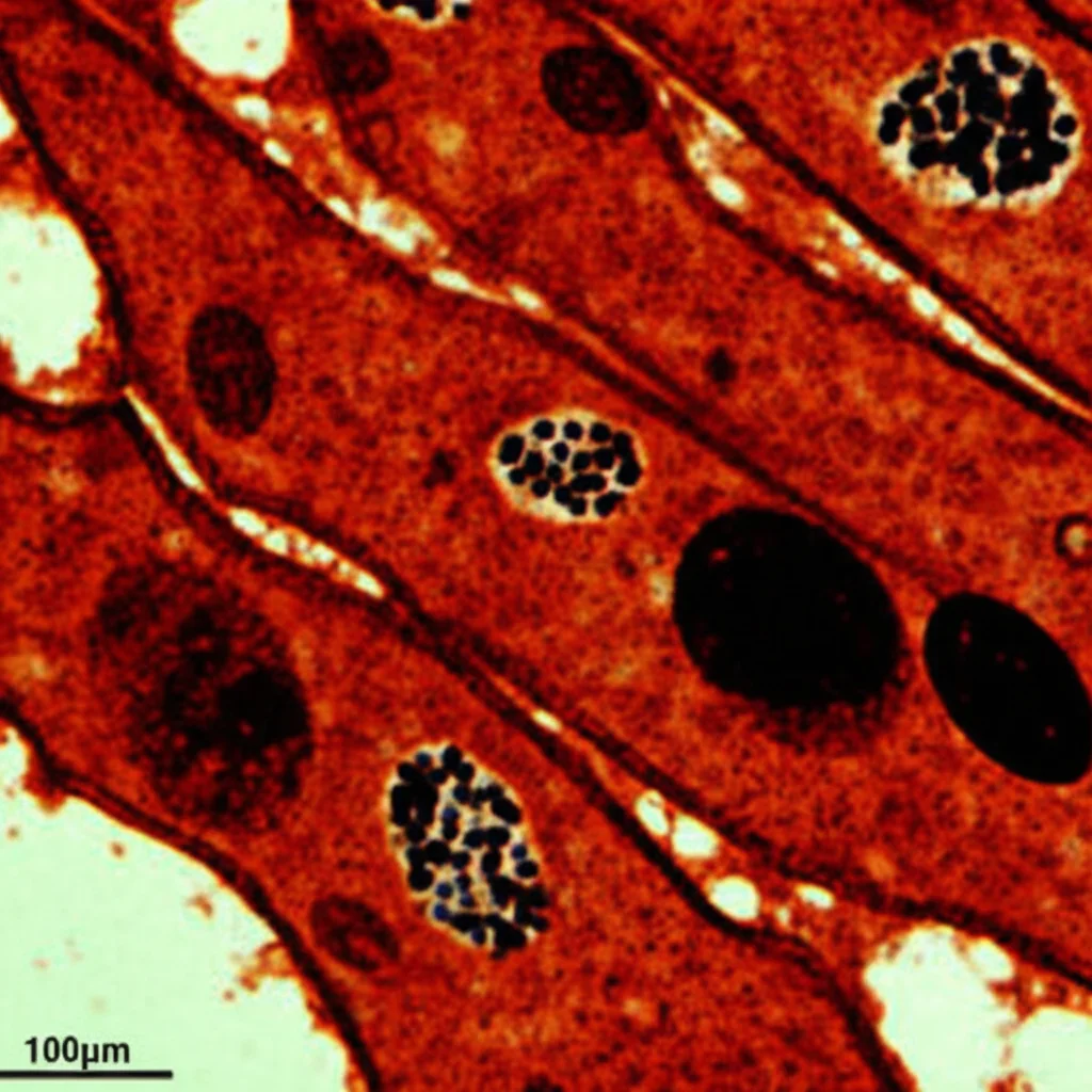 Microscopia elettronica a trasmissione di cellule tumorali pancreatiche (PDAC), evidenziando il reticolo endoplasmatico dilatato (strutture simili a tubi gonfi) e autofagosomi (vescicole scure) contenenti frammenti di ER. Obiettivo macro 100mm, alta definizione, illuminazione controllata, focus preciso sulle membrane cellulari interne e organelli.