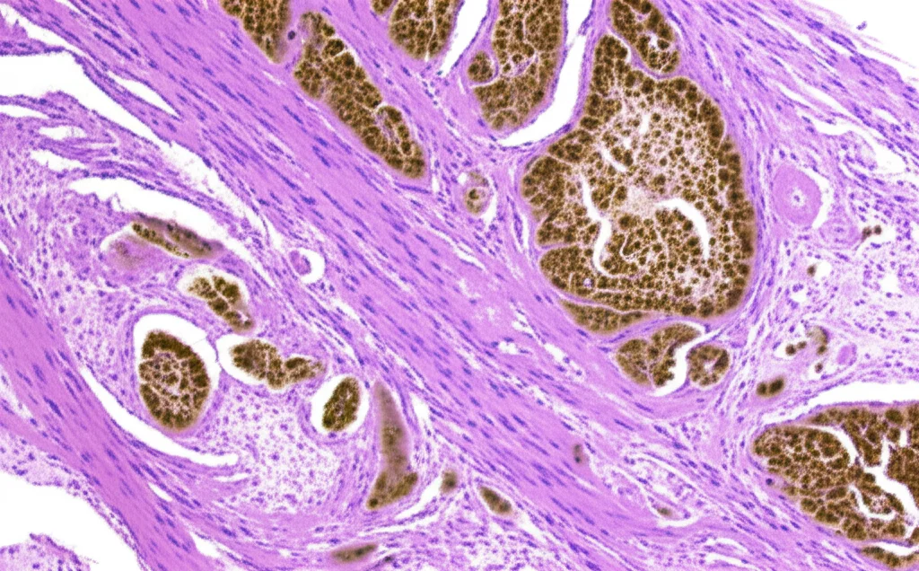 Immagine micrografica ad alta risoluzione di tessuto endometriosico ectopico umano, colorato con immunoistochimica per evidenziare l'alta espressione della proteina PYK2 (colore marrone intenso) rispetto al tessuto endometriale normale, obiettivo macro 100mm, alta definizione, illuminazione controllata.