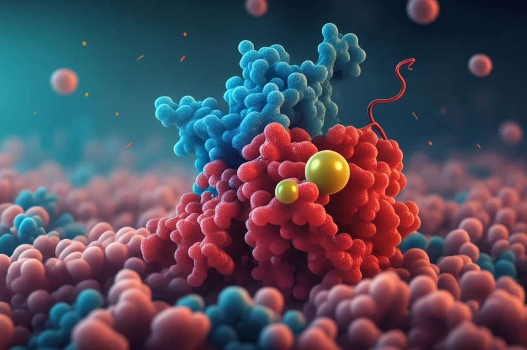 Illustrazione molecolare astratta che mostra la proteina PYK2 (struttura complessa blu) che si lega e aggiunge un gruppo fosfato (sfera gialla luminosa) alla proteina Snail1 (struttura rossa) nel sito Y163, all'interno di un ambiente cellulare stilizzato, profondità di campo, colori vivaci.