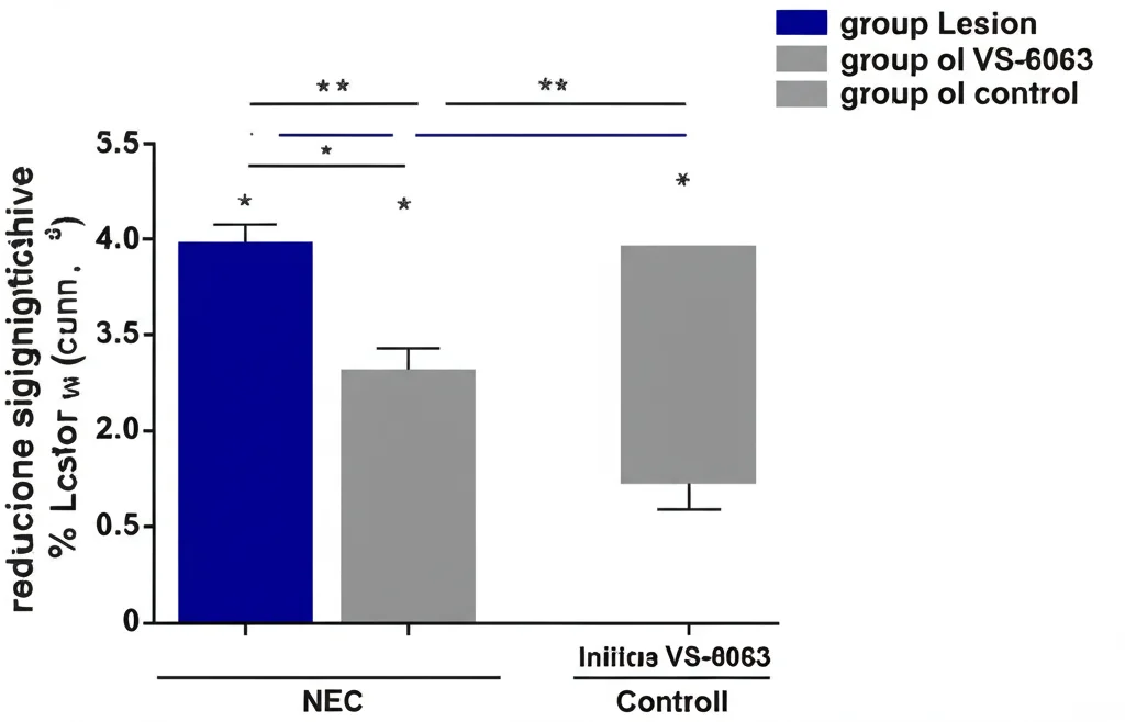 Grafico scientifico che mostra la riduzione significativa della dimensione delle lesioni endometriosiche in un modello murino trattato con l'inibitore VS-6063 (barre blu) rispetto al gruppo di controllo (barre grigie), con immagini rappresentative delle lesioni, sfondo bianco pulito, stile infografica.