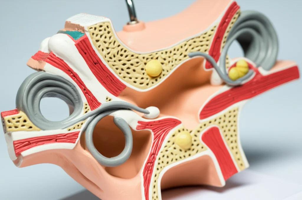 Fotografia macro di un modello anatomico dell'orecchio interno umano, focalizzata sugli organi otolitici e sui canali semicircolari. Illuminazione controllata per evidenziare i dettagli, obiettivo macro 90mm, alta definizione, sfondo neutro.