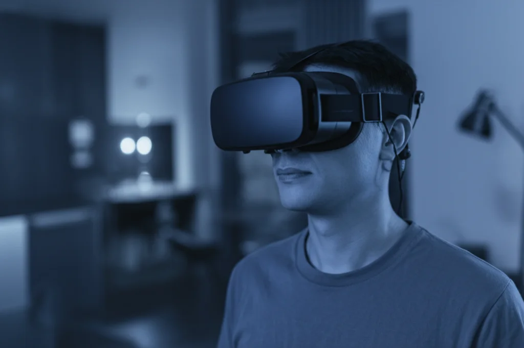Ritratto fotografico di una persona che indossa un visore VR avanzato e piccoli elettrodi GVS discreti dietro le orecchie, con un'espressione concentrata ma confortevole. Obiettivo prime 35mm, profondità di campo ridotta per sfocare lo sfondo di un ambiente domestico moderno, stile duotone blu e grigio per un look tecnologico.