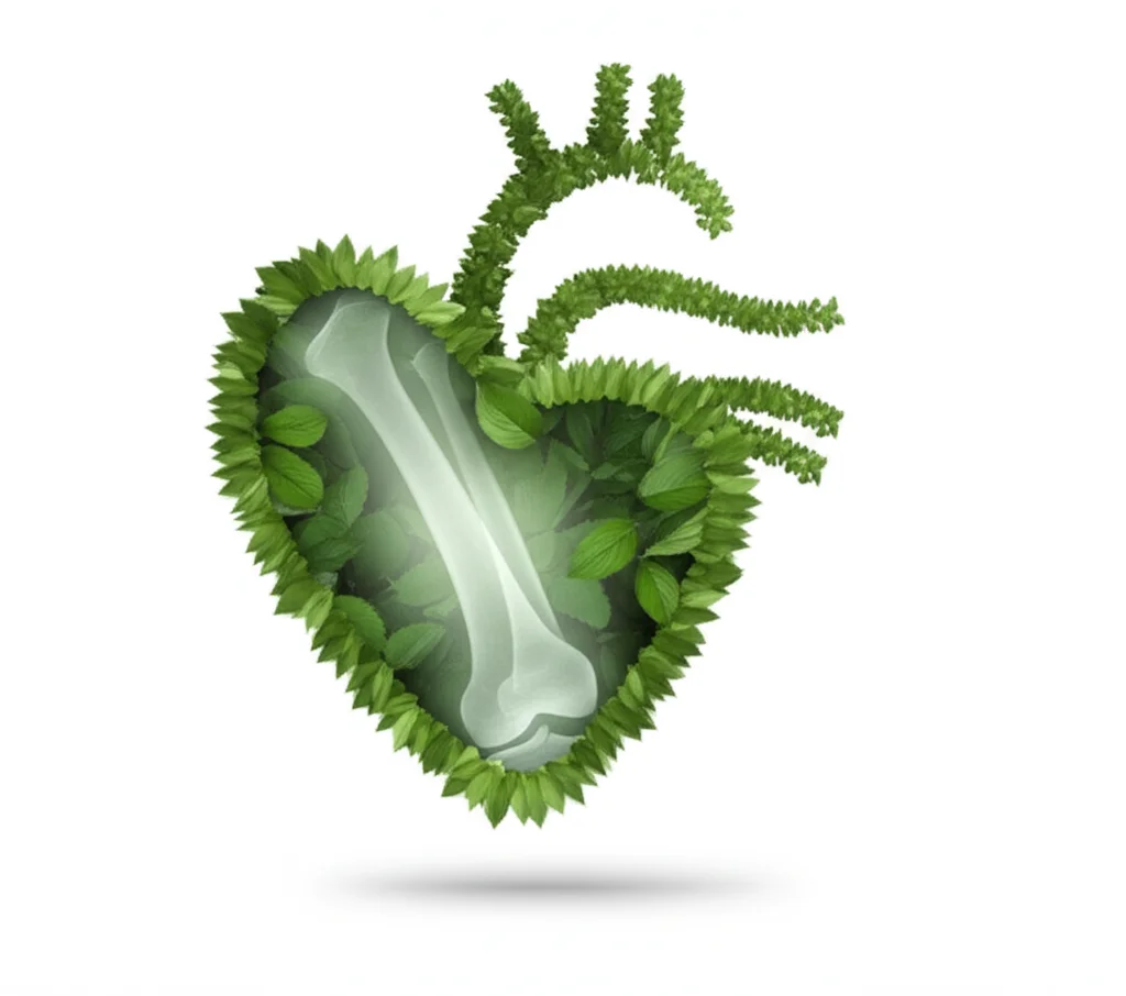 Immagine simbolica: un cuore anatomico stilizzato fatto di foglie verdi fresche e vibranti intrecciato con l'immagine radiografica di un'articolazione del ginocchio sana e luminosa, su uno sfondo bianco pulito e minimalista, illuminazione da studio diffusa e uniforme, alta definizione, obiettivo 50mm prime, focus nitido su entrambi gli elementi.