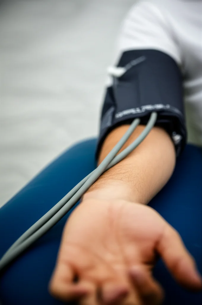 A photorealistic image of a healthy young man's forearm with a blood pressure cuff, representing the study's method for inducing ischemia. Use a 35mm portrait lens, showing depth of field with the focus on the cuff and arm, in a clinical setting.