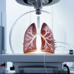 A photorealistic image of a medical phantom simulating lung motion during radiation therapy, wide-angle, 24mm, sharp focus, controlled lighting.