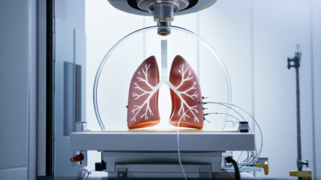 A photorealistic image of a medical phantom simulating lung motion during radiation therapy, wide-angle, 24mm, sharp focus, controlled lighting.