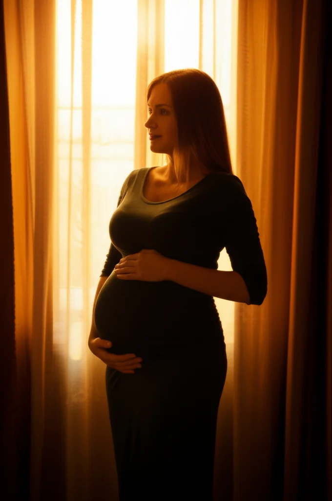 Donna incinta sorridente che si tocca delicatamente il pancione, in piedi controluce davanti a una finestra con luce solare calda, obiettivo 35mm, profondità di campo, colori caldi duotono giallo e arancio.
