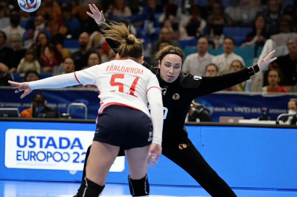 Foto di pallamano femminile ad alta azione, teleobiettivo 300mm, velocità otturatore elevata, tracciamento del movimento, una giocatrice segna un gol superando il portiere durante una partita intensa del Campionato Europeo 2022, con tifosi sfocati sullo sfondo.