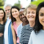 Fotografia stile ritratto, 35mm lens, depth of field, mostra un gruppo eterogeneo di persone (anziani, giovani adulti, diverse etnie) che appaiono sane e sorridenti, suggerendo in modo sottile il concetto di validazione dello stato vaccinale della popolazione e la protezione comunitaria.