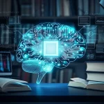 Illustrazione concettuale dell'intelligenza artificiale che assiste la ricerca scientifica. Un cervello stilizzato fatto di circuiti luminosi si collega a libri e articoli scientifici aperti. Obiettivo 35mm, profondità di campo ridotta per focalizzare sul cervello AI, tonalità blu e argento duotone.