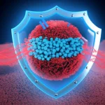 Illustrazione fotorealistica concettuale del cancro al seno a livello cellulare, con la proteina MAST3 (visualizzata come uno scudo o un guardiano blu luminoso) che blocca fisicamente l'attività della proteina YAP (visualizzata come una molecola rossa minacciosa che cerca di entrare nel nucleo cellulare), obiettivo prime 35mm, profondità di campo ridotta, illuminazione suggestiva e drammatica.