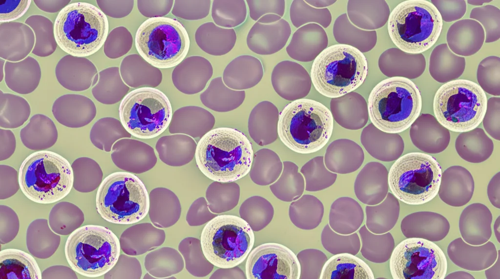 Immagine al microscopio ad alta risoluzione di diversi tipi di globuli bianchi (neutrofili, linfociti, monociti, eosinofili) distintamente visibili, illuminazione da laboratorio precisa, Macro lens 105mm, con un leggero effetto di profondità di campo per evidenziare una cellula specifica, i colori delle cellule sono vividi e i dettagli nucleari ben definiti.