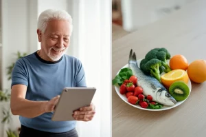 Immagine composita che mostra a sinistra un anziano sorridente che fa esercizio leggero a casa seguendo un tablet, e a destra un piatto colorato con cibi sani come frutta, verdura e pesce. Prime lens, 35mm, colori naturali e luminosi, profondità di campo che sfoca leggermente lo sfondo per evidenziare i soggetti.