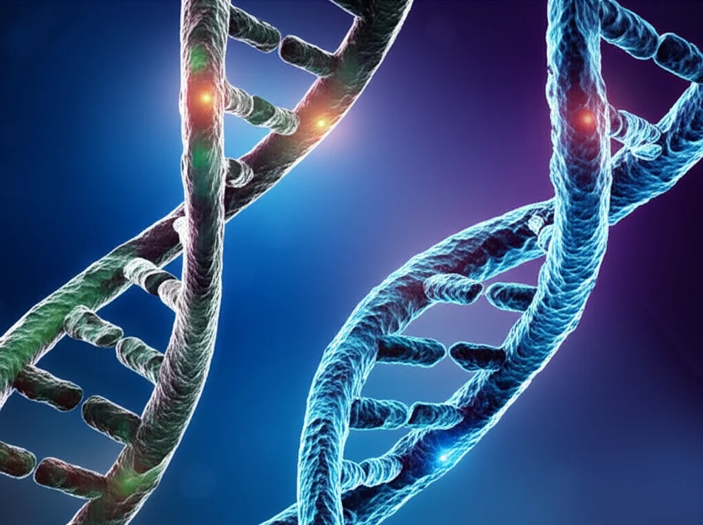 Immagine concettuale artistica che rappresenta due filamenti di DNA intrecciati, uno simboleggiante il timoma e l'altro il linfoma, con punti luminosi a indicare mutazioni germinali condivise. Sfondo medico-scientifico astratto, colori blu e viola duotone, profondità di campo per focalizzare sulle mutazioni.