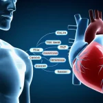 Immagine concettuale di un cuore umano con aree di fibrosi evidenziate in rosso acceso, con una rappresentazione stilizzata della proteina Rap2a e del suo pathway molecolare (TNIK, Merlin, YAP) che si dirama verso le zone danneggiate, prime lens, 35mm, profondità di campo, illuminazione drammatica per enfatizzare la patologia e la ricerca scientifica.